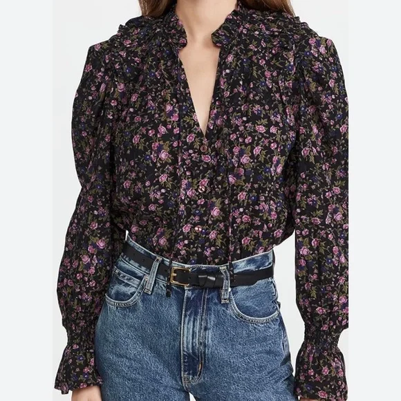 Free People Meant to Be Puff Sleeve Deep V Blouse