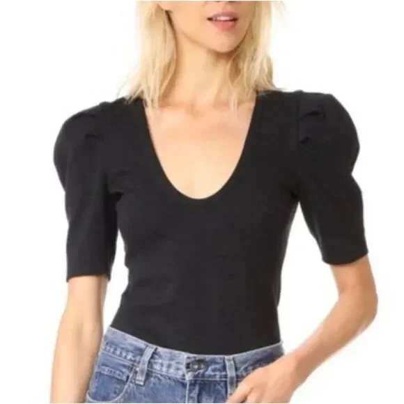 Free People FP Ellery Scoop Neck Shirt Pleated Short Puff Sleeve Blouse Charcoal