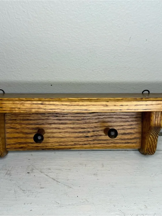 Vintage Solid Oak Shaker Wood Country Wall Mounted Shelf w/2 pegs, Cottagecore
