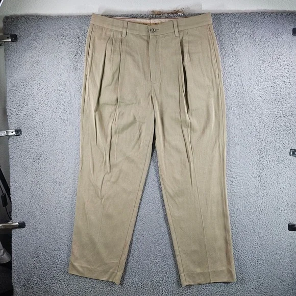 Tommy Bahama Mens 36x30 Silk Bamboo Pleated Pants Khaki Tan Herringbone Dress