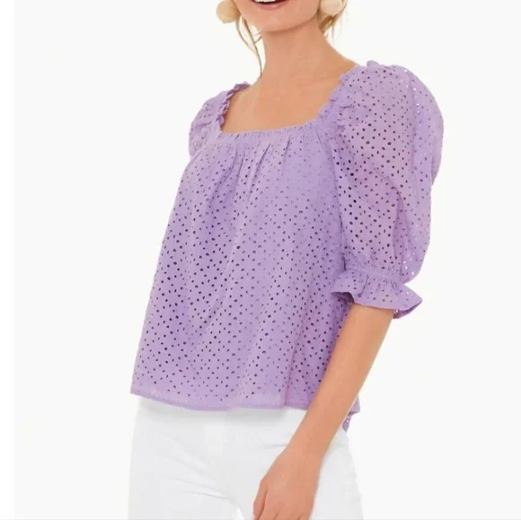 Tuckernuck Pomander Place Iris Eyelet Blouse Puff Sleeve Lavender SzM