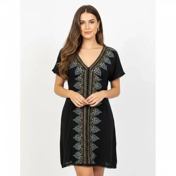 Free People Black Boho Tunic Mini Dress Small Festival V Neck Folk Hippie