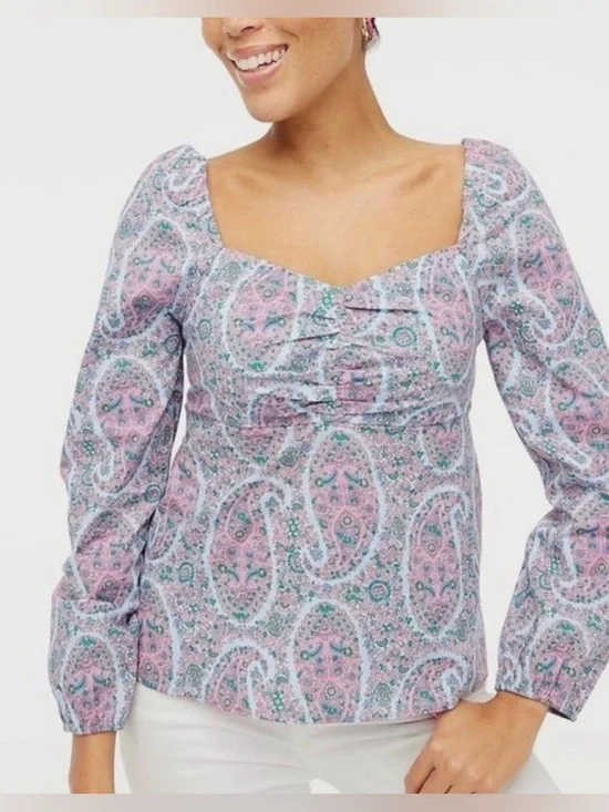 J Crew Paisley Sweetheart Long Sleeve Blouse Blue Pink size 12