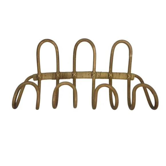 Rattan Coat Rack‎ Wall Mounted 4 Hooks Curved Multi Use Natural Lightweight Boho