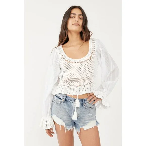 new sz Large L FREE PEOPLE MEGAN CROCHET TOP IVORY WHITE VICTORIAN OPEN BACK