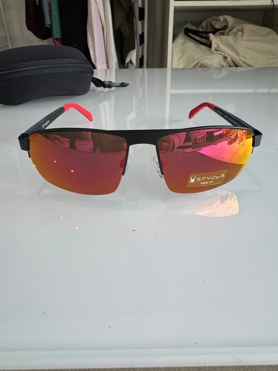 Spyder Half-Rim Sunglasses - Black Frame with Red and Orange Mirrored Lenses