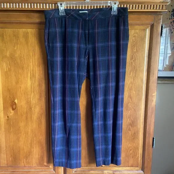 J. Jill Premium Bi-Stretch Pants Size 12 Petite Navy Plaid Ankle Crop Trousers
