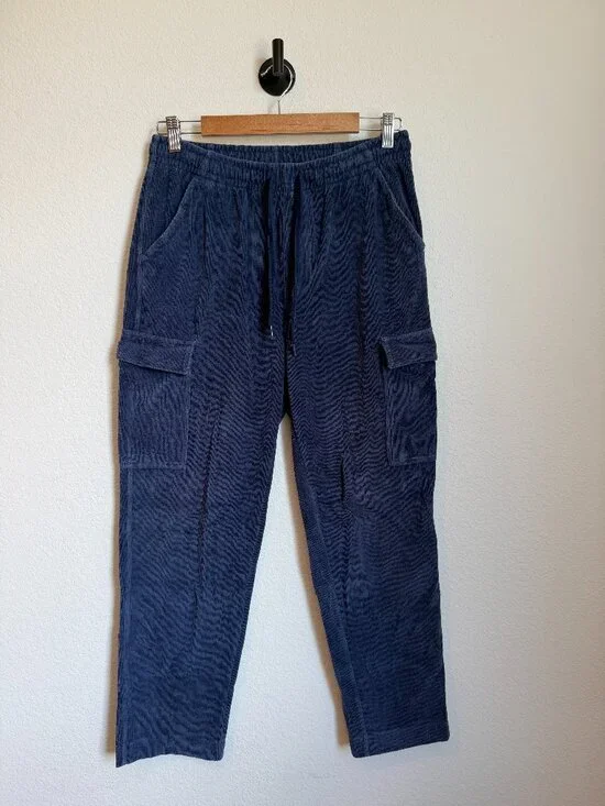 Lands End Sport Knit Straight Leg Cargo Corduroy Pants Navy Blue