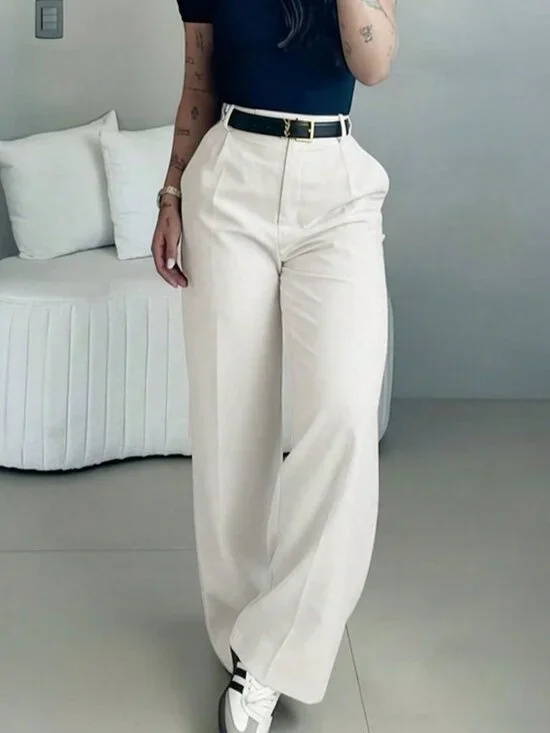 White Elegant Women's High Waist Slim Fit Wide Leg Pants