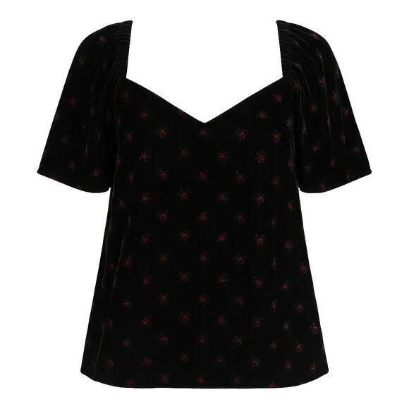 Loft  velvet dark floral  romantic  sweetheart puff sleeve collarless top size M