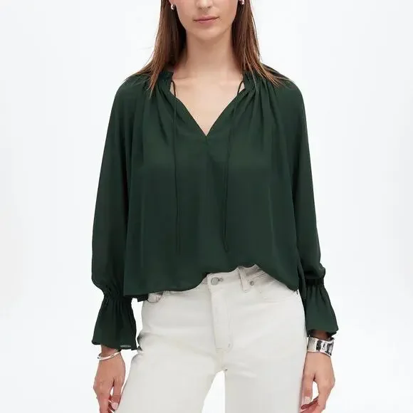 Madewell Top Long Sleeve Tie Neck Peasant Blouse Luxury Forest Green NWT XS