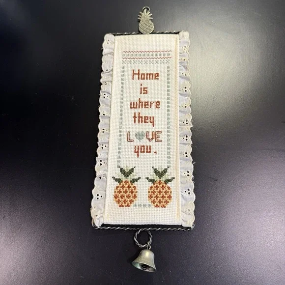 Homemade Cross Stitch Wall Hanging Pineapple'Home Is Where They Love You'‎ VTG