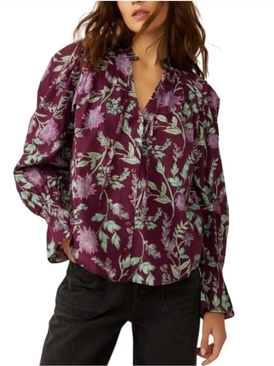 Free People Meant to Be Floral Tie Neck Puff Sleeve Button Front Blouse XS Boho