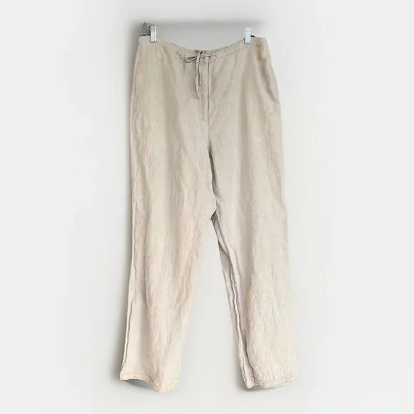 Liz Claiborne Linen Lace Trim Pants Womens 12 Beige Neutral Boho Coastal Grandma