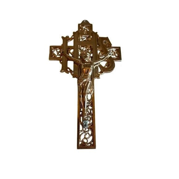Vintage Brass Wall Crucifix With IHS Symbol &‎ Intricate Details