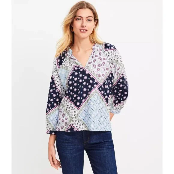 Loft Linen Blend Patchwork Blouse Top Balloon Sleeve Peasant Floral‎ Paisley Med