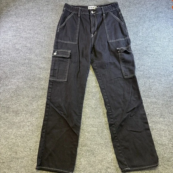 S.O.N.G. Cargo Pants Womens 9/29 Black Contrast Stitch Wide Leg Y2K