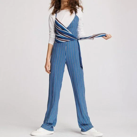 Rag & Bone 100% Silk Red, White, and Blue Striped Felix Wrap Jumpsuit