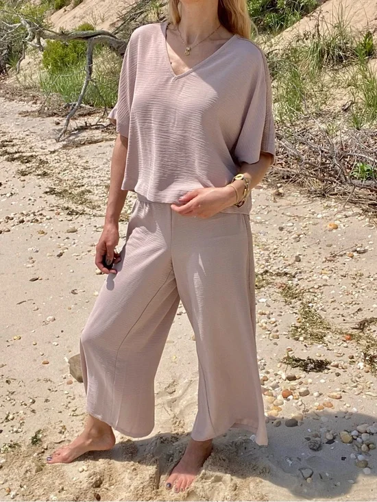 ADRIANNA PAPELL Bamboo Relaxed V-Neck Crop Top & Wide Leg Pants 2 Piece Set! 🐚