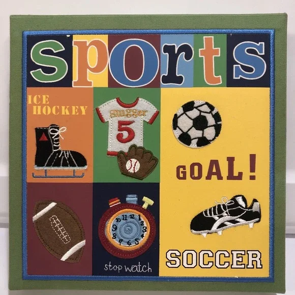 Sports‎ Textured Fabric Wall Hanging Square Hockey Baseball Football Soccer 9x9