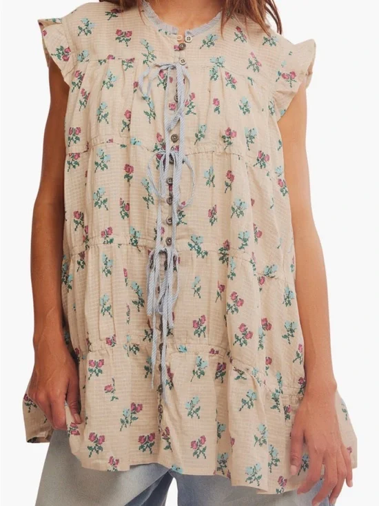 Free people, cream, floral, print, tunic dress small