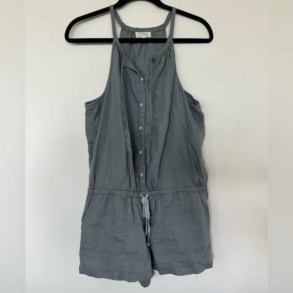Lou & Grey Dusty Blue Gray Romper Tie Neck Button Up 100% linen Drawstring Sz S