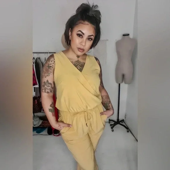 Sleeveless v-neck drawstring jogger jumpsuit