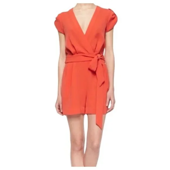 DVF Diane Von Furstenberg Orange Crepe Belted Purdette Shorts Romper Size 2