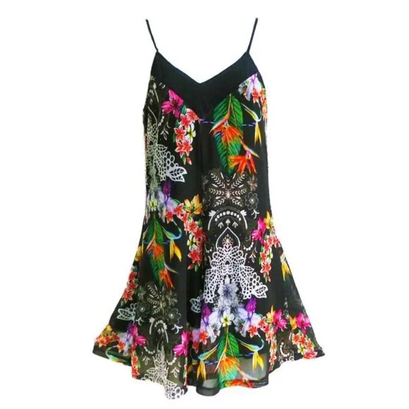 Oh Boy Vintage 90s Brazilian Mesh Floral Romper V Neck Back Stretchy Poly Lined