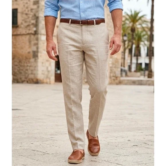 Kenneth Cole New York Mens Tan Linen Blend Dress Pants 36W 32L LR9253 New