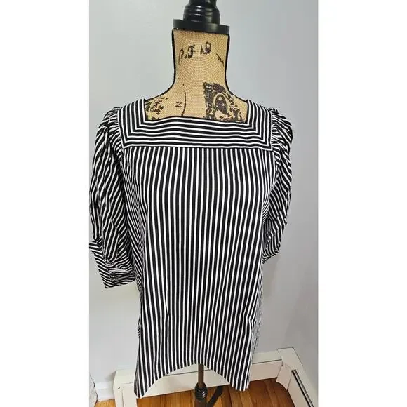 Loft Blouse Square-Neck Striped Puff Sleeve, Black & White, New w tags, Sz S