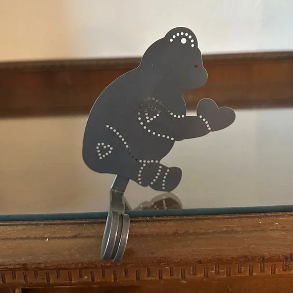 Metal Teddy Bear Key Ring Holder Grey Perforated Heart Christmas Mantle Hook