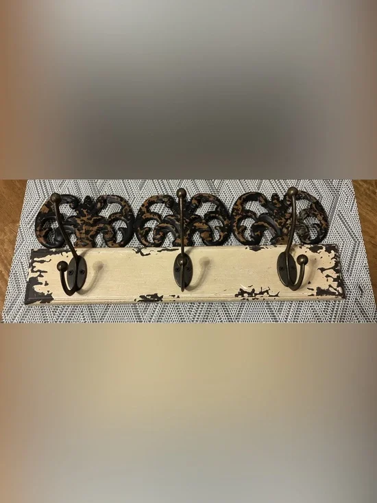 Distressed Ivory and Bronze Wall Hook Rack 15” x 6”