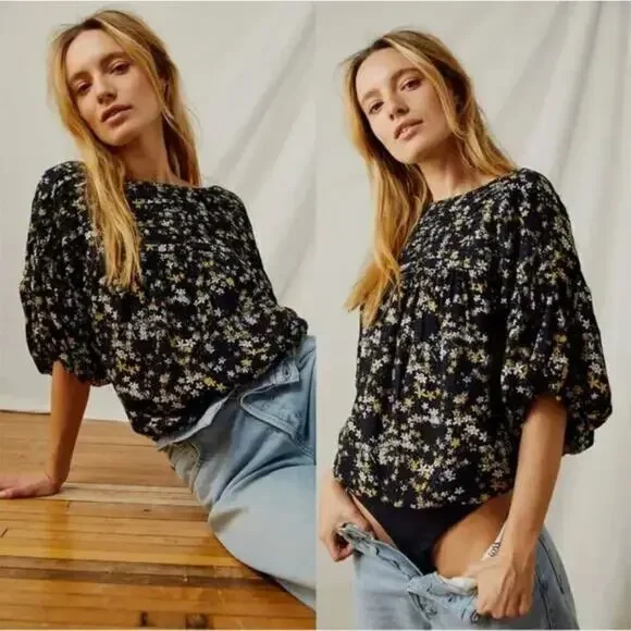 Free People Dessa Black Floral Puff-Sleeve Bodysuit