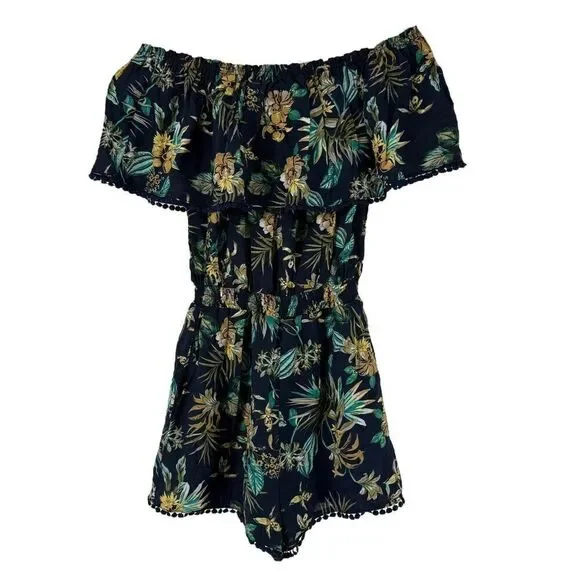 Plumberry Romper Off The Shoulder Ruffle Size L Blue Tropical Floral Beach Wear