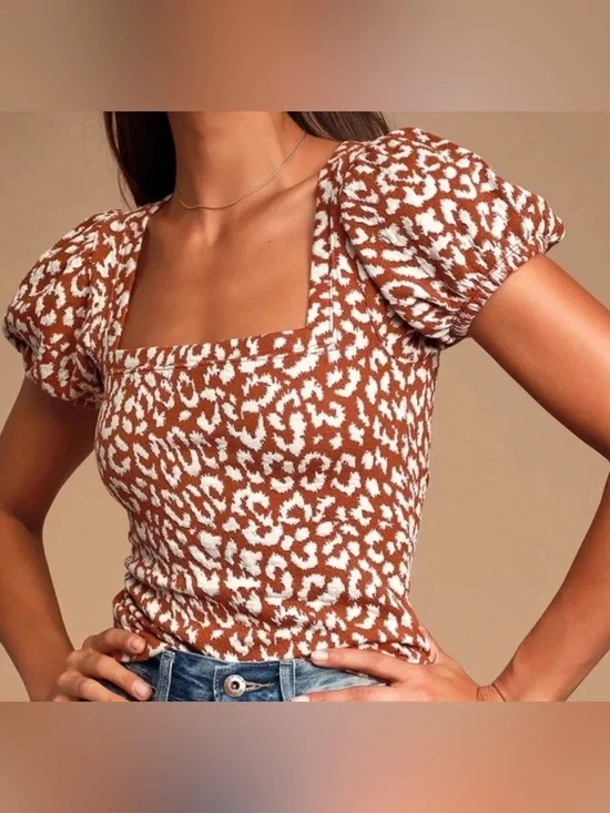 Free People Brown and White Leopard Square Neck Puff Sleeve Blouse - Size M