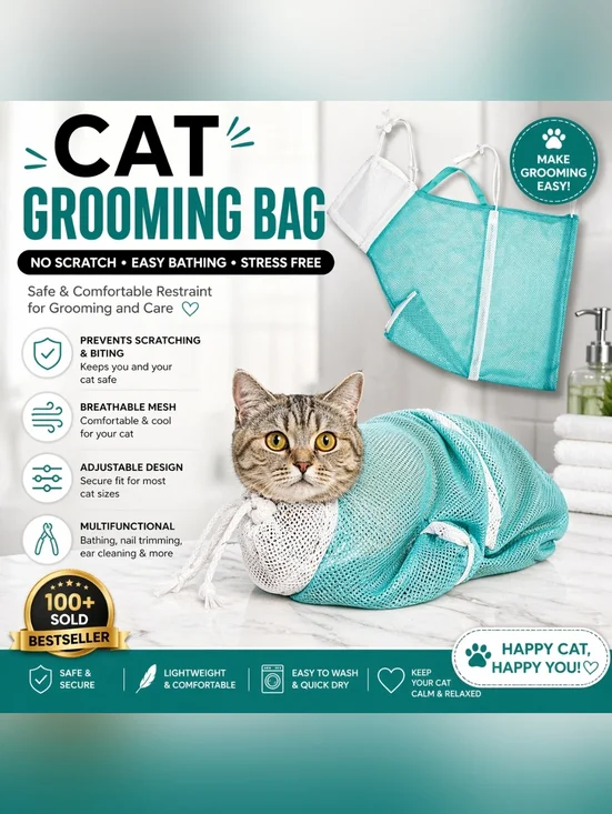 Pet Cat Shower Bag Grooming Net Safe Nail Clipping Bath Helper Adjustable‎