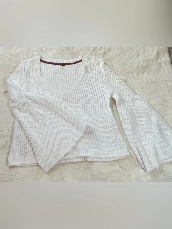 Free People White V-Neck Bell Sleeve Knit Sweater