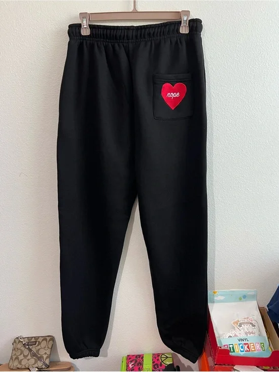 Boohoo Black Joggers with Red Heart Pocket Patch