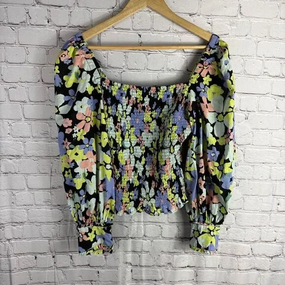 Free People Ariana Floral Puff Sleeve Top Size Large  K