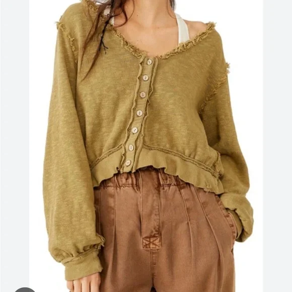 Free People X We The Free Golden Road Cardigan Curly Willow Mustard Olive Crop