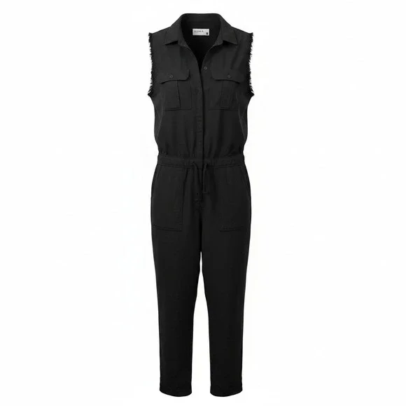 Pistola Women Jumpsuit M Black Sleeveless Utility Frayed Tencel Urban Chic P1781