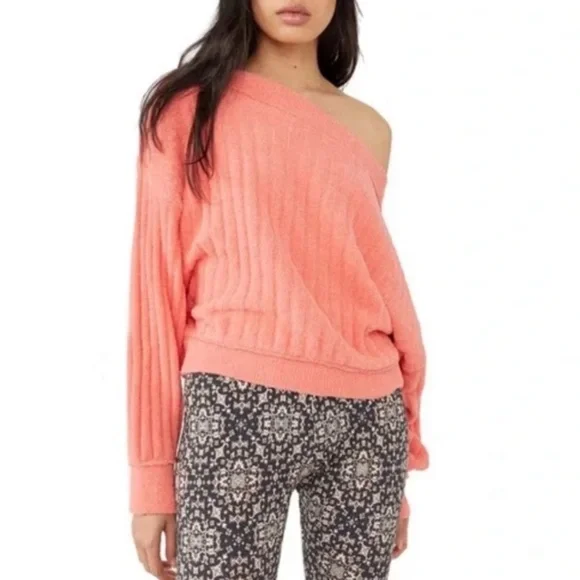 FREE PEOPLE Cabin Fever Pullover Top Sweater In Coral Size Large