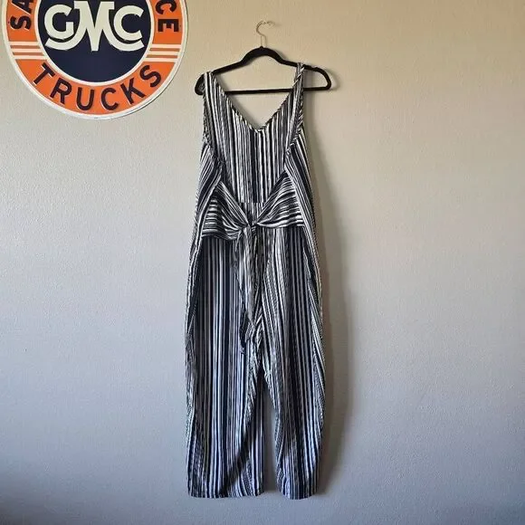 Black White Stipe Tie Front Wide Leg Cropped Jumpsuit Jumper 2xl Minimalist