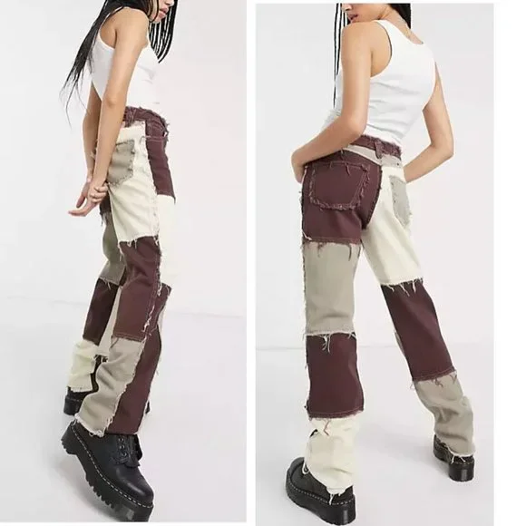Jaded London Womens High Waisted Brown Patchwork Denim Jeans Pants NWT