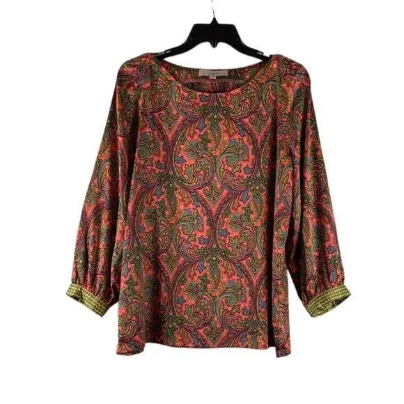 LOFT Women's Filigree Pattern Boat Neck Multicolor Puff Sleeve Blouse Size Small