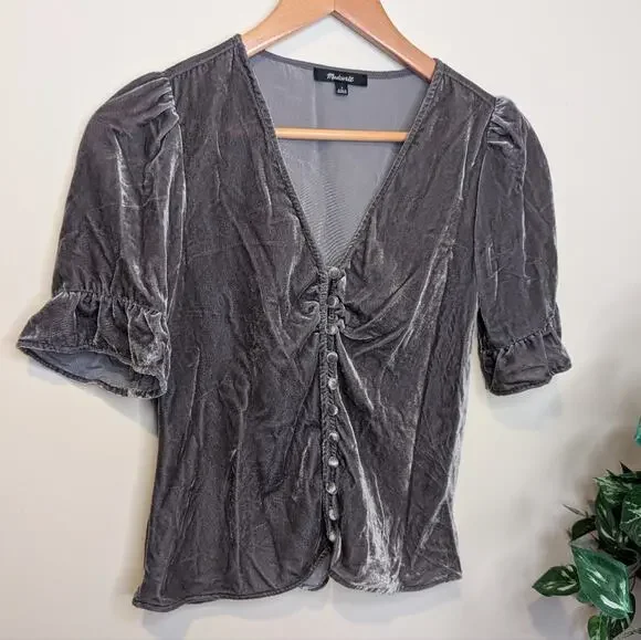 Madewell Gray Velvet Puff Sleeve Button Front Blouse Top Size 2