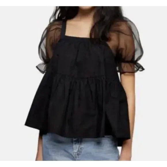 Pomander Place Tuckernuck Tinsley Blouse Sheer Puff Tulle Sleeves Black Small
