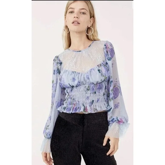 Free People Daphne Blouse Women's Size XS Silver Blue Combo Smocked Hem NWT