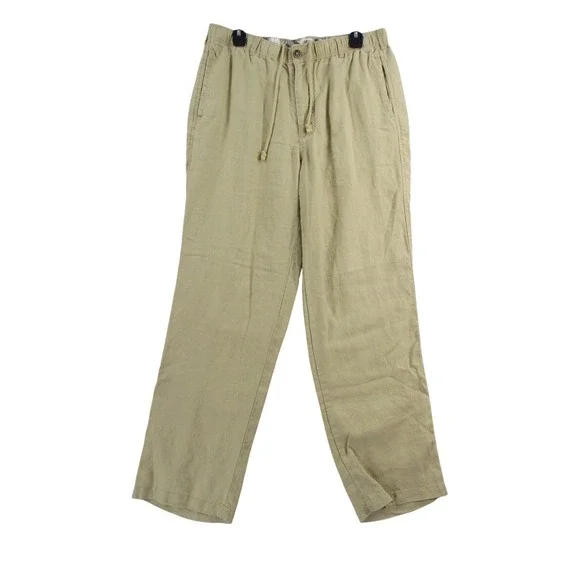 Mens Khaki Tan Linen Blend Elastic Waist Drawstring Straight Leg Pants L
